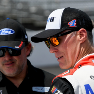 NASCAR Cup Series driver Kevin Harvick (4) talks with one of his team owners Tony Stewart on Sunday, Aug. 13, 2023, ahead of the Verizon 200 at the Brickyard at Indianapolis Motor Speedway.