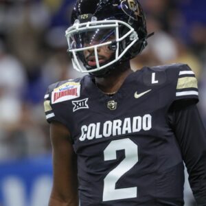 Colorado Buffaloes quarterback Shedeur Sanders (2) warms up before the game against the Brigham Young Cougars at Alamodome.