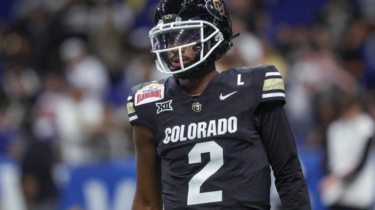 Colorado Buffaloes quarterback Shedeur Sanders (2) warms up before the game against the Brigham Young Cougars at Alamodome.