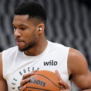 Milwaukee Bucks forward Giannis Antetokounmpo (34) warms up before game three of first round of the 2024 NBA Playoffs at Fiserv Forum