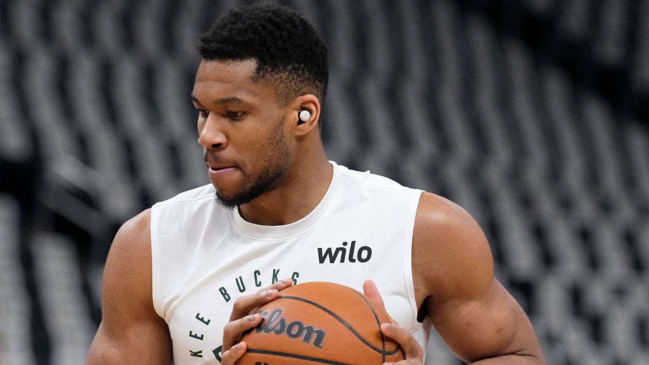 Milwaukee Bucks forward Giannis Antetokounmpo (34) warms up before game three of first round of the 2024 NBA Playoffs at Fiserv Forum