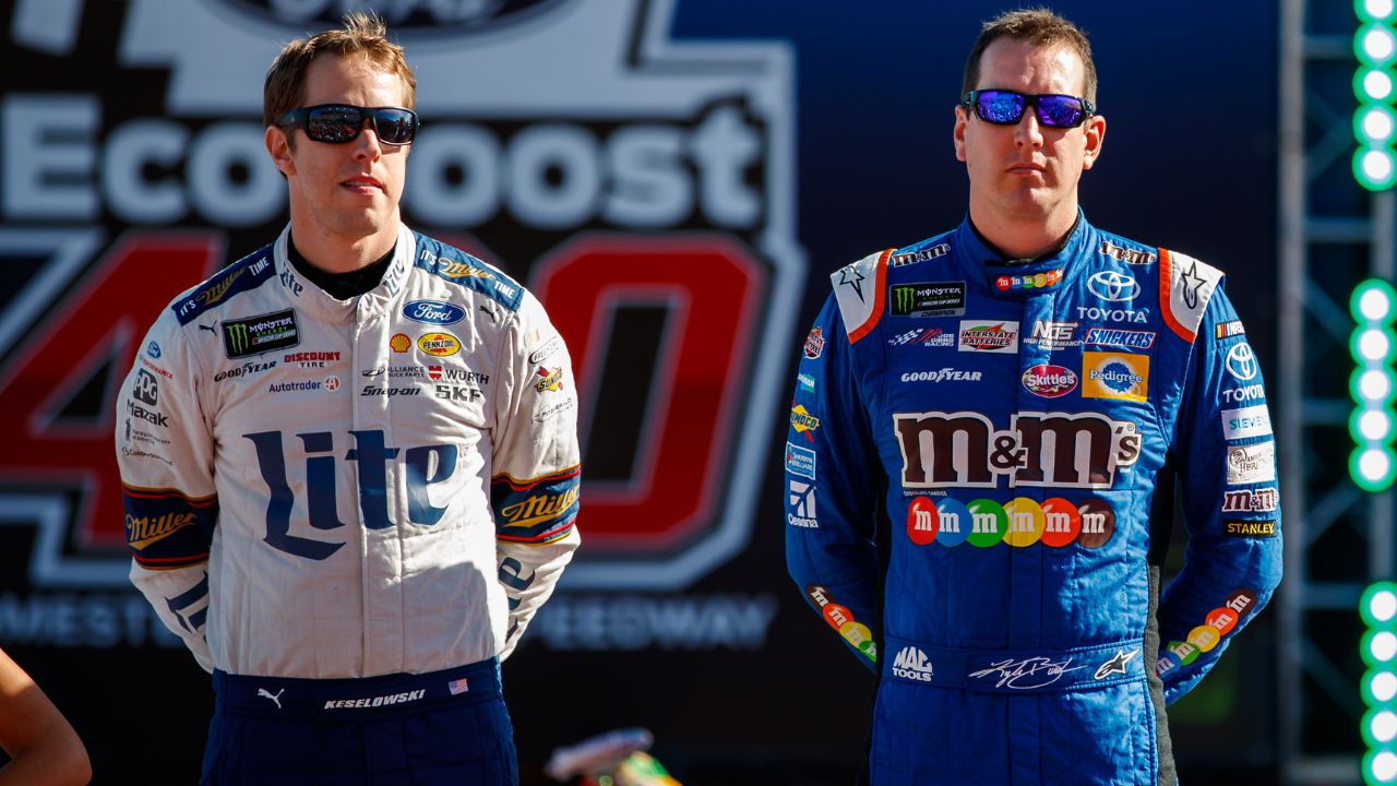 NASCAR drivers Brad Keselowski (left) and Kyle Busch prior to the Ford EcoBoost 400 at Homestead-Miami Speedway.
