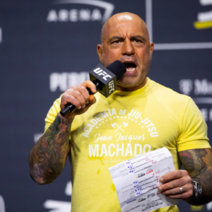 UFC announcer Joe Rogan during ceremonial weigh ins for UFC 300 at MGM Grand Garden Arena