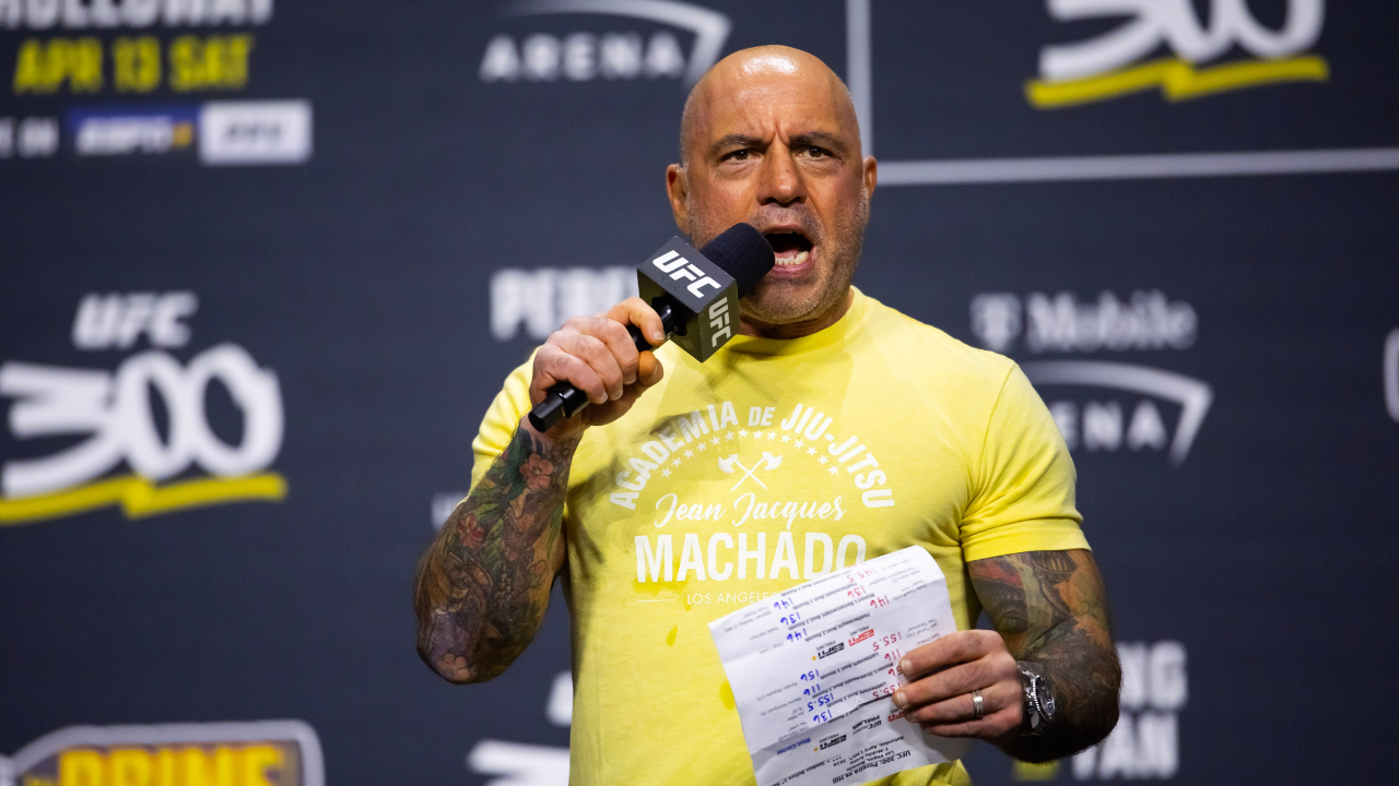 UFC announcer Joe Rogan during ceremonial weigh ins for UFC 300 at MGM Grand Garden Arena