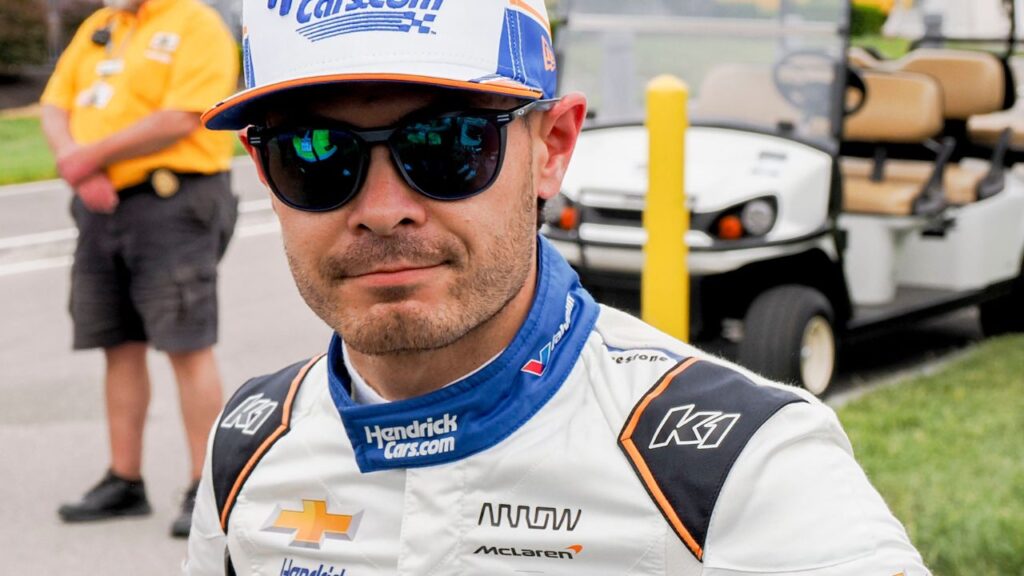 Arrow McLaren driver Kyle Larson (17) talks outside the medical facility Friday, May 16, 2025, during Fast Friday ahead of the 109th running of the Indianapolis 500 at Indianapolis Motor Speedway.