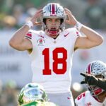 Ohio State Buckeyes quarterback Will Howard (18) motions at the line of scrimmage during the College Football Playoff quarterfinal against the Oregon Ducks at the Rose Bowl in Pasadena, Calif. on Jan. 1, 2025. Ohio State won 41-21.