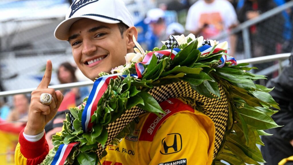 Chip Ganassi Racing driver Alex Palou (10) experiences a moment of joy after winning the 109th running of the Indianapolis 500 on Sunday afternoon May 25, 2025, at Indianapolis Motor Speedway.