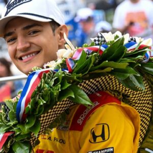 Chip Ganassi Racing driver Alex Palou (10) experiences a moment of joy after winning the 109th running of the Indianapolis 500 on Sunday afternoon May 25, 2025, at Indianapolis Motor Speedway.