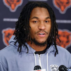 Chicago Bears wide receiver Luther Burden III speaks during the Rookie Minicamp at Halas Hall.