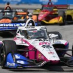 Meyer Shank Racing driver Felix Rosenqvist (60) leads a group of cars into turn nine during the Honda Dealers Indy at Streets of Toronto.