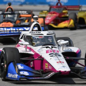 Meyer Shank Racing driver Felix Rosenqvist (60) leads a group of cars into turn nine during the Honda Dealers Indy at Streets of Toronto.