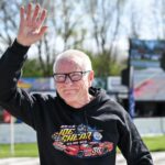 NASCAR Hall of Famer Mark Martin, serving as grand marshal for the ASA Midwest Tour Joe Shear Classic, waves to the crowd Sunday, May 4, 2025, at Madison International Speedway in Town of Rutland, Wisconsin.