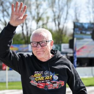 NASCAR Hall of Famer Mark Martin, serving as grand marshal for the ASA Midwest Tour Joe Shear Classic, waves to the crowd Sunday, May 4, 2025, at Madison International Speedway in Town of Rutland, Wisconsin.