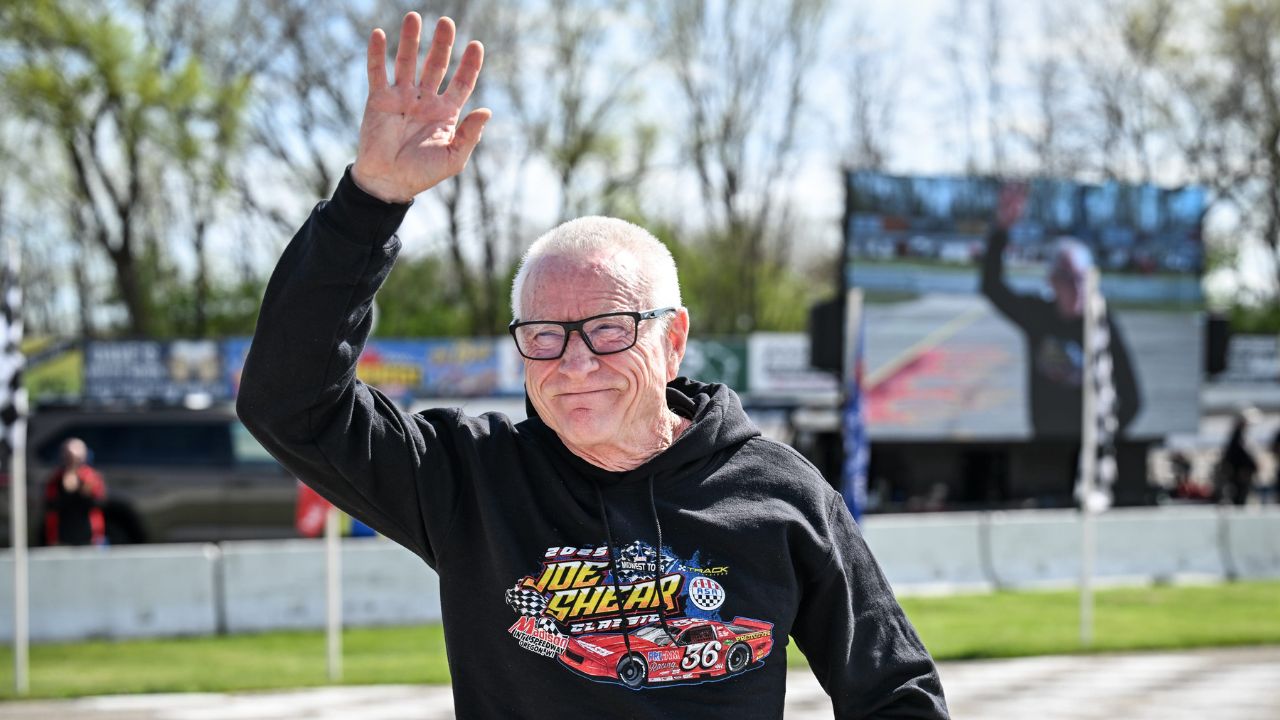 NASCAR Hall of Famer Mark Martin, serving as grand marshal for the ASA Midwest Tour Joe Shear Classic, waves to the crowd Sunday, May 4, 2025, at Madison International Speedway in Town of Rutland, Wisconsin.