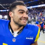 Los Angeles Rams wide receiver Puka Nacua (17) celebrates after defeating the Minnesota Vikings during an NFC wild card game at State Farm Stadium.