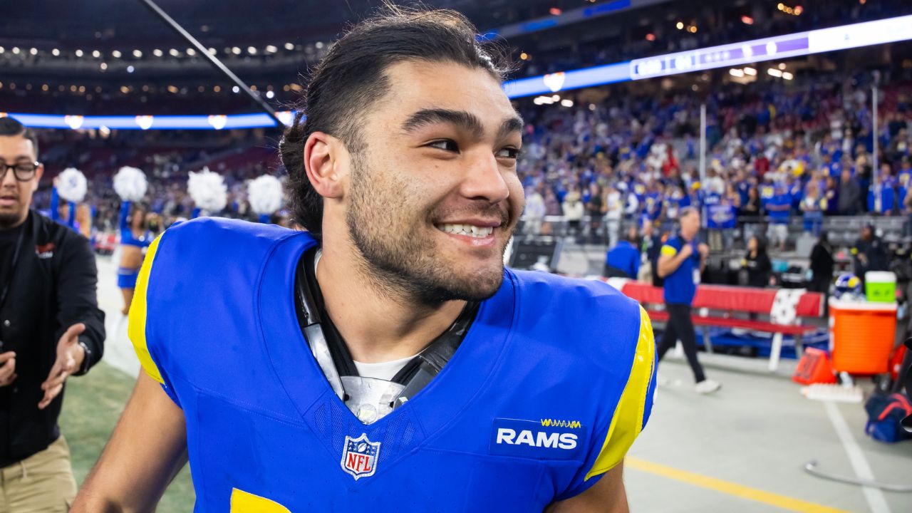 Los Angeles Rams wide receiver Puka Nacua (17) celebrates after defeating the Minnesota Vikings during an NFC wild card game at State Farm Stadium.