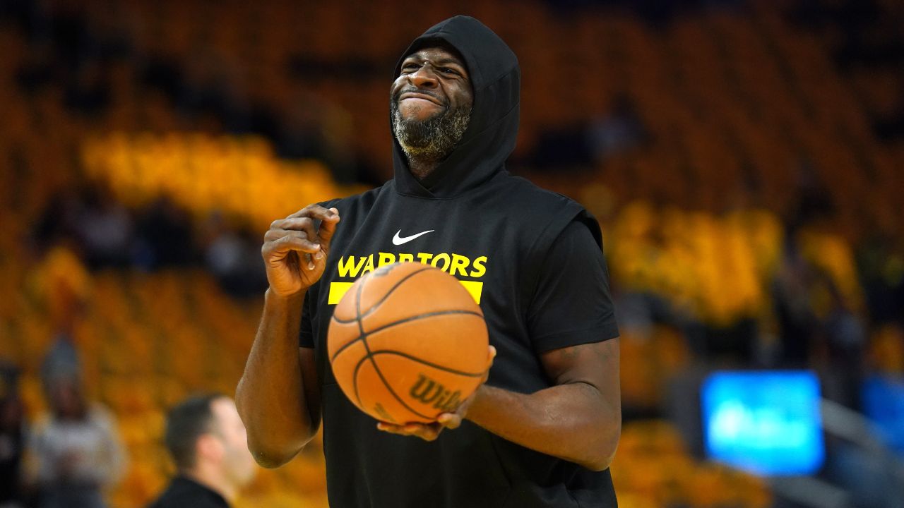 Golden State Warriors forward Draymond Green (23) holds onto the ball during warmups against the Minnesota Timberwolves during game four of the second round for the 2025 NBA Playoffs at Chase Center.