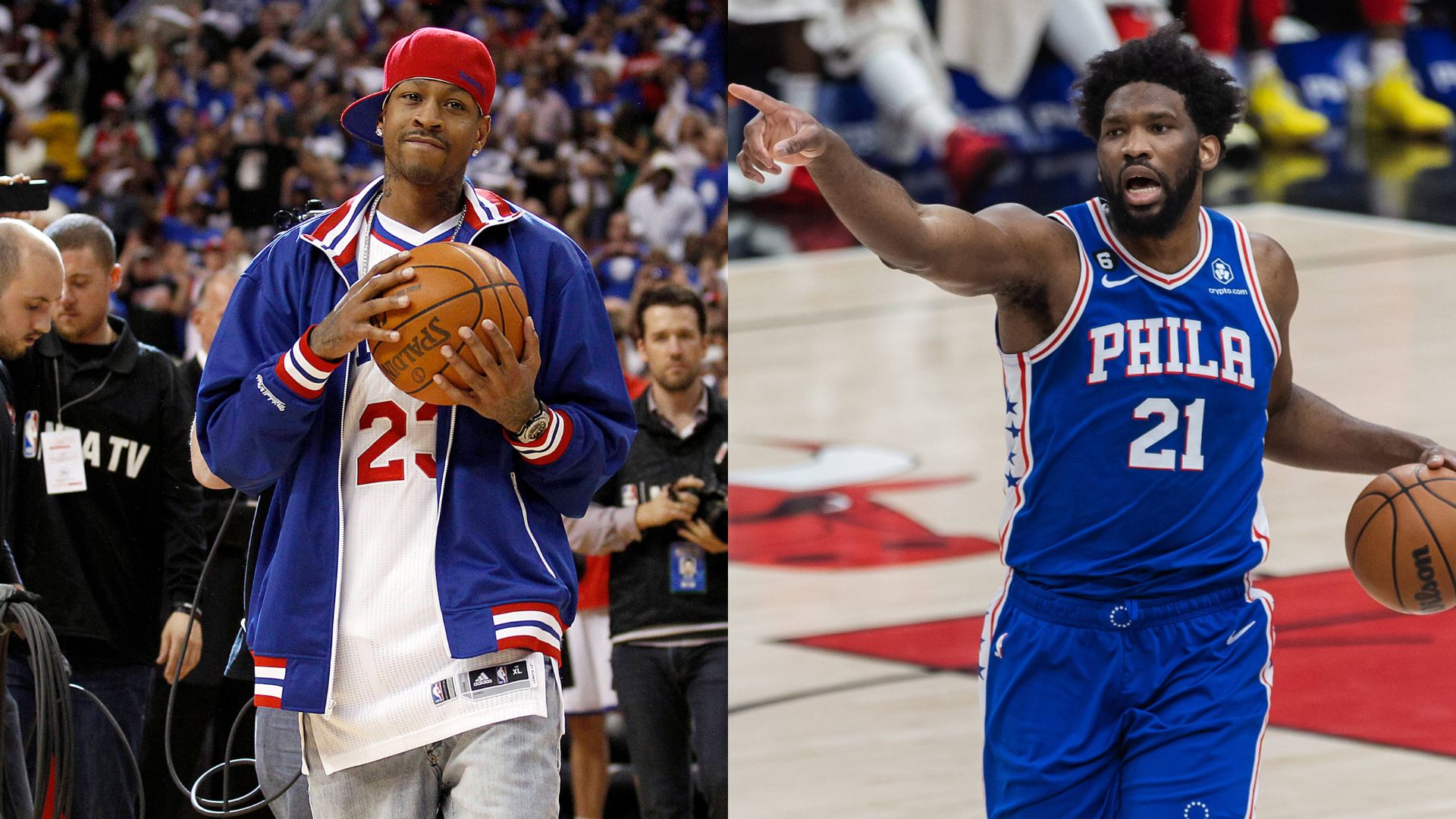 Allen Iverson (L) and Joel Embiid (R)