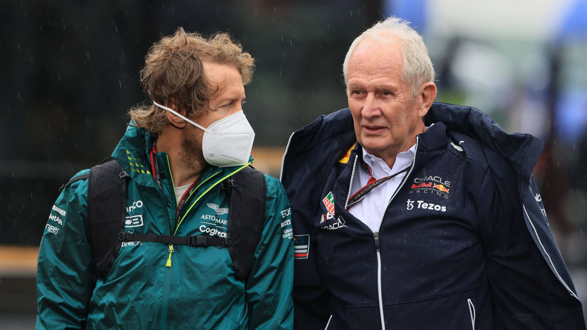 22nd April 2022, Imola, Emilia Romagna, Italy. F1 Grand Prix of Italy, Free practice sessions: Aston Martin Aramco Cognizant F1 Team, Sebastian Vettel talks with Helmut Marko