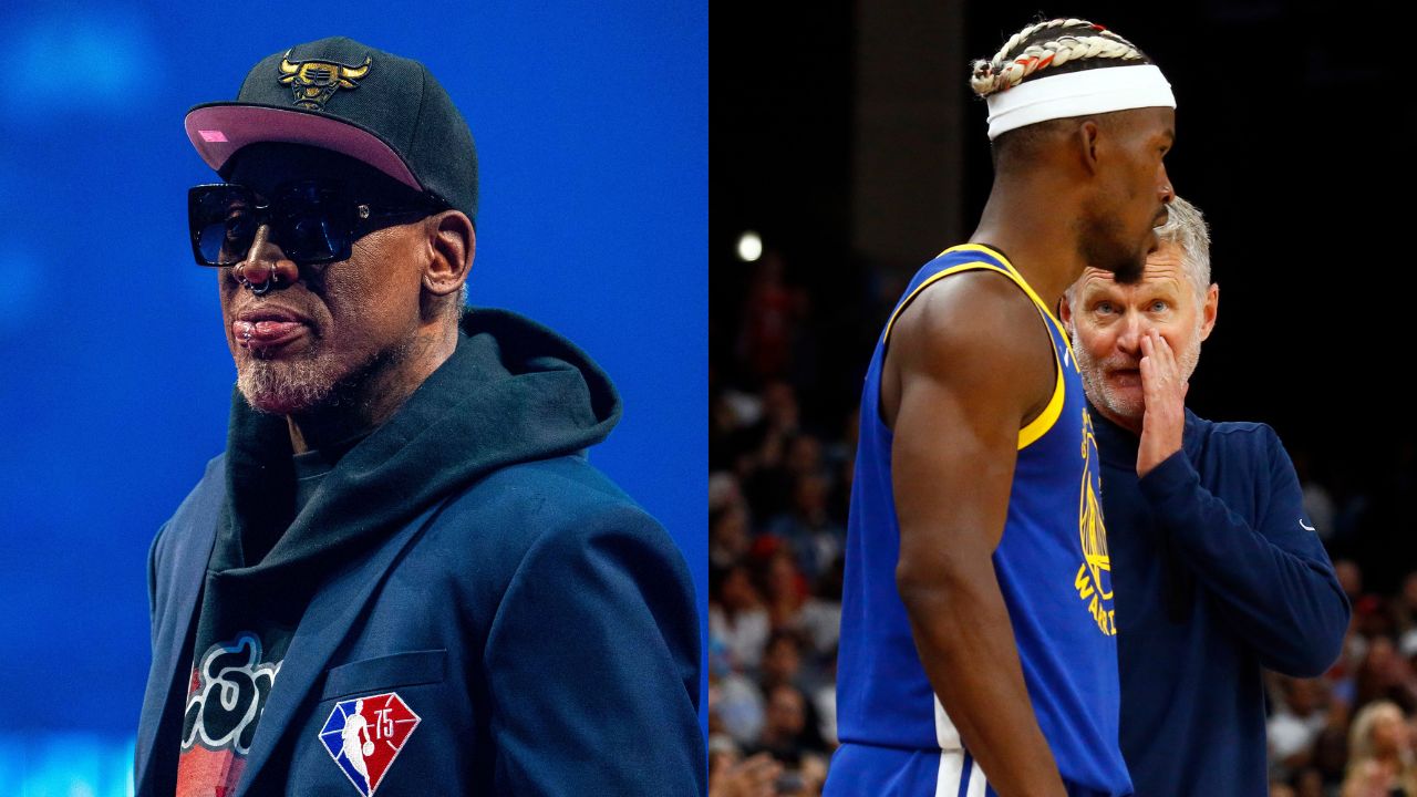 Dennis Rodman (L), Steve Kerr and Jimmy Butler (R)