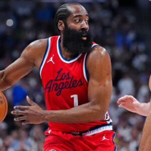 LA Clippers guard James Harden (1) prepares to pass the ball in the second quarter against the Denver Nuggets during game seven of first round for the 2025 NBA Playoffs at Ball Arena.