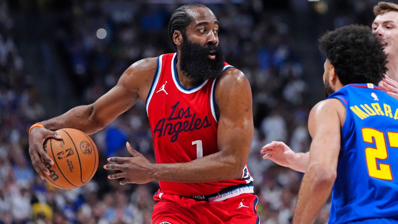LA Clippers guard James Harden (1) prepares to pass the ball in the second quarter against the Denver Nuggets during game seven of first round for the 2025 NBA Playoffs at Ball Arena.