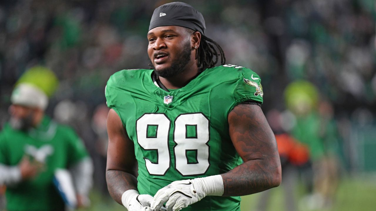 Philadelphia Eagles defensive tackle Jalen Carter (98) against the Jacksonville Jaguars at Lincoln Financial Field.