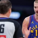 Denver Nuggets center Nikola Jokic (15) talks to an official after a play against the Oklahoma City Thunder during the second half of game five of the second round for the 2025 NBA Playoffs at Paycom Center