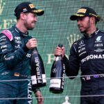 VETTEL Sebastian F1 Team Aston Martin 2. Platz bei der Siegerehrung mit HAMILTON Lewis F1 Saison 2021 GP von Ungarn am 01. August 2021 in Budapest *** VETTEL Sebastian F1 Team Aston Martin 2 pla