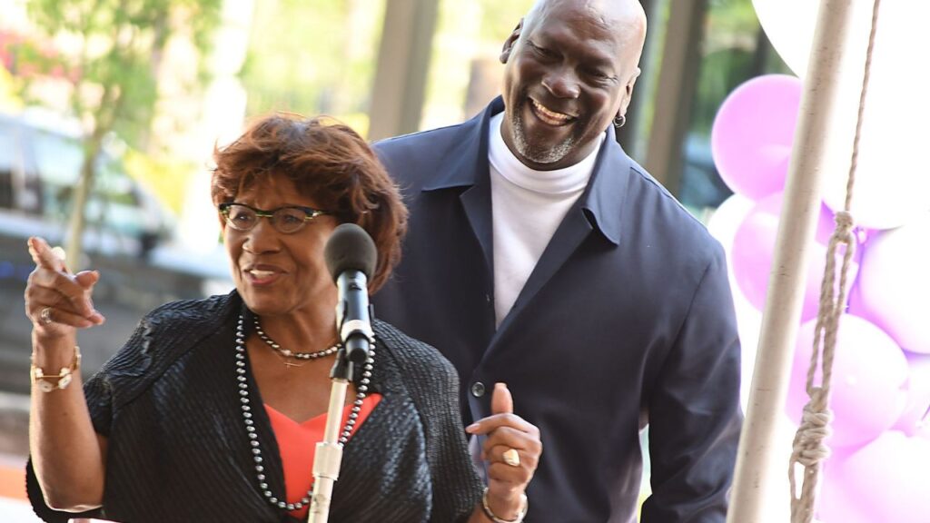 Michael Jordan and his mother Deloris Jordan talk to the crowd outside of The Michael Jordan Family Medical Clinic led by Novant Health. Both were taking part in a ribbon cutting ceremony for the new clinic opening off of Greenfield Street Tuesday May 7, 2024 in Wilmington, N.C.