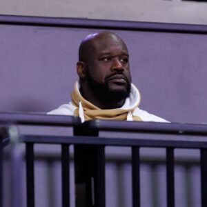 Jan 19, 2025; Gainesville, Florida, USA; Former NBA player Shaquille O'Neal sits courtside during the first half between the Florida Gators and the LSU Tigers at Exactech Arena at the Stephen C. O'Connell Center | Credits- Matt Pendleton-Imagn Images