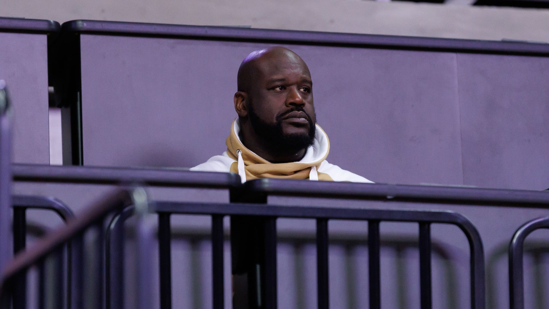 Jan 19, 2025; Gainesville, Florida, USA; Former NBA player Shaquille O'Neal sits courtside during the first half between the Florida Gators and the LSU Tigers at Exactech Arena at the Stephen C. O'Connell Center | Credits- Matt Pendleton-Imagn Images