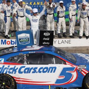 The team of NASCAR Cup Series driver Kyle Larson (5) celebrate a win at the AdventHealth 400 at Kansas Speedway.