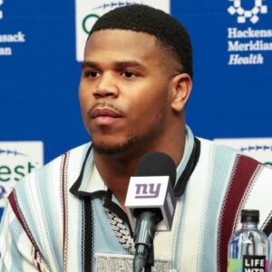 New York Giants first round draft pick, Abdul Carter, takes questions from the media during his introduction press conference. New York Giants