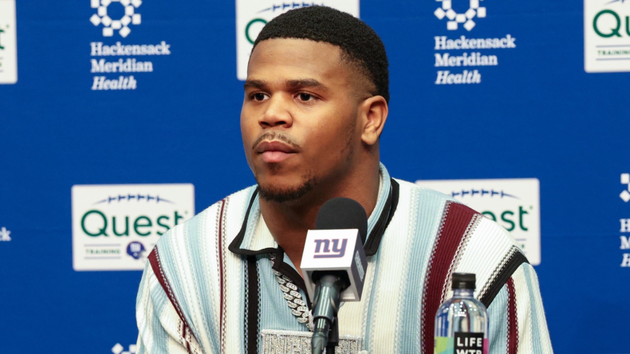 New York Giants first round draft pick, Abdul Carter, takes questions from the media during his introduction press conference. New York Giants