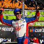 NASCAR Cup Series driver Joey Logano (22) celebrates in victory lane after he wins the Wurth 400 race at Texas Motor Speedway.