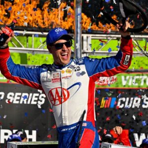NASCAR Cup Series driver Joey Logano (22) celebrates in victory lane after he wins the Wurth 400 race at Texas Motor Speedway.