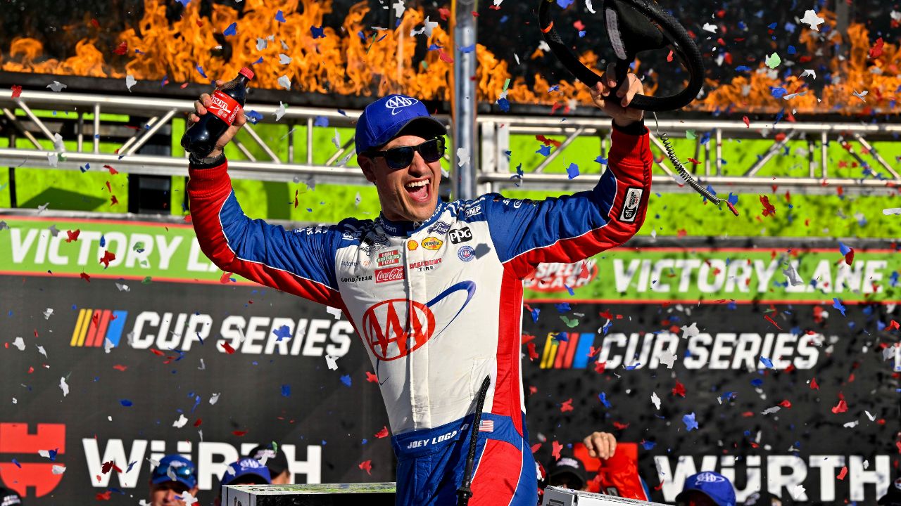 NASCAR Cup Series driver Joey Logano (22) celebrates in victory lane after he wins the Wurth 400 race at Texas Motor Speedway.