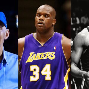 Kareem Abdul Jabbar (L), Shaquille O'Neal (C), and Wilt Chamberlain (R)