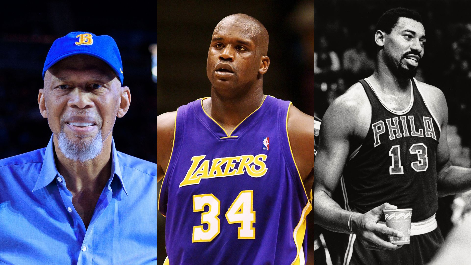 Kareem Abdul Jabbar (L), Shaquille O'Neal (C), and Wilt Chamberlain (R)