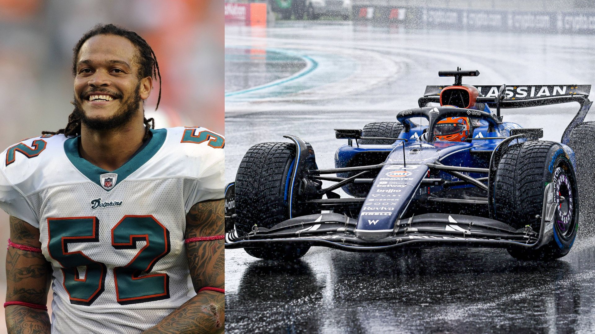 Channing Crowder (L) and Williams' FW47 at Miami GP (R)