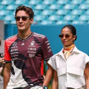 George Russell Mercedes AMG Petronas with partner Carmen Montero Mundt in the paddock, Grand Prix of Miami