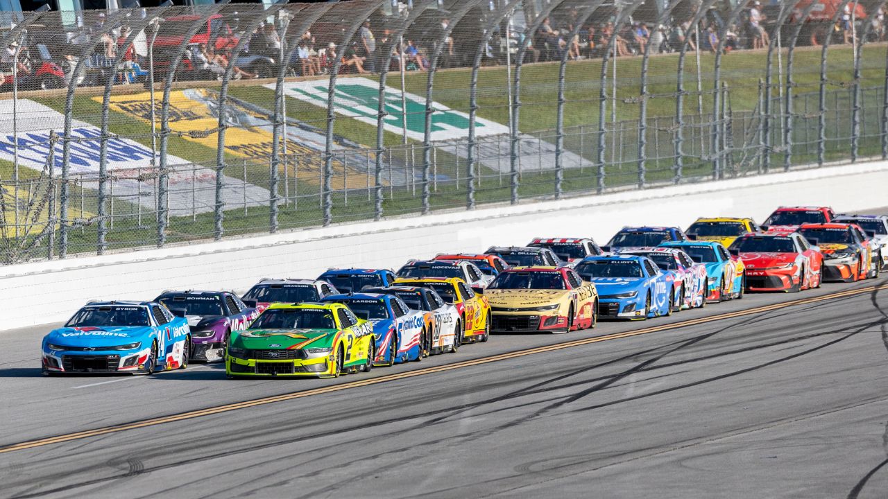 NASCAR Cup Series drivers William Byron (24) and Austin Cindric (2) battle for the lead late during stage three of the NASCAR: Jack Link's 500 at Talladega Superspeedway.