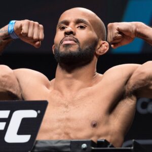 (L-R) Flyweight champion DEMETRIOUS Mighty Mouse JOHNSON makes weigh during the UFC 186 weigh-in at Metropolis on April 24, 2015 in Montreal, Canada