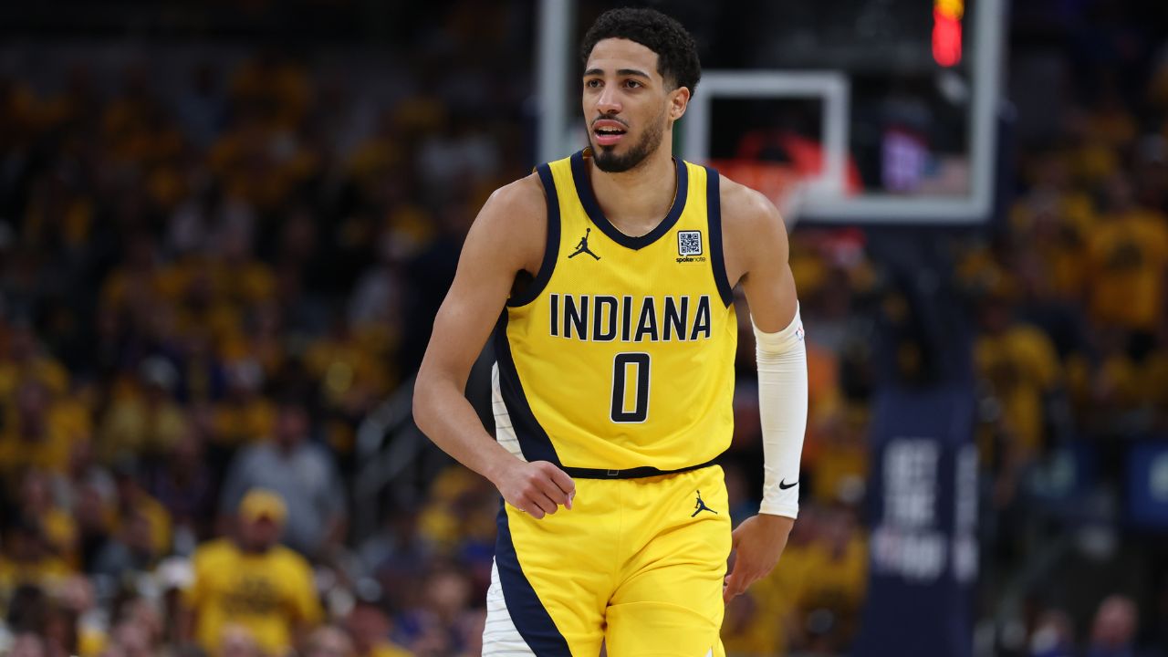 May 27, 2025; Indianapolis, Indiana, USA; Indiana Pacers guard Tyrese Haliburton (0) reacts after shooting a three point basket during the second quarter against the New York Knicks of game four of the eastern conference finals for the 2025 NBA Playoffs at Gainbridge Fieldhouse. Mandatory Credit: Trevor Ruszkowski-Imagn Images