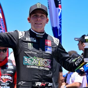 NASCAR Cup Series driver Riley Herbst (35) flashes the horns down for the University of Texas fans as he is introduced before the start of the Wurth 400 race at Texas Motor Speedway.