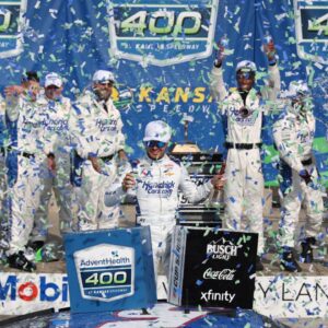 NASCAR Cup Series driver Kyle Larson (5) celebrates a win at the AdventHealth 400 at Kansas Speedway.