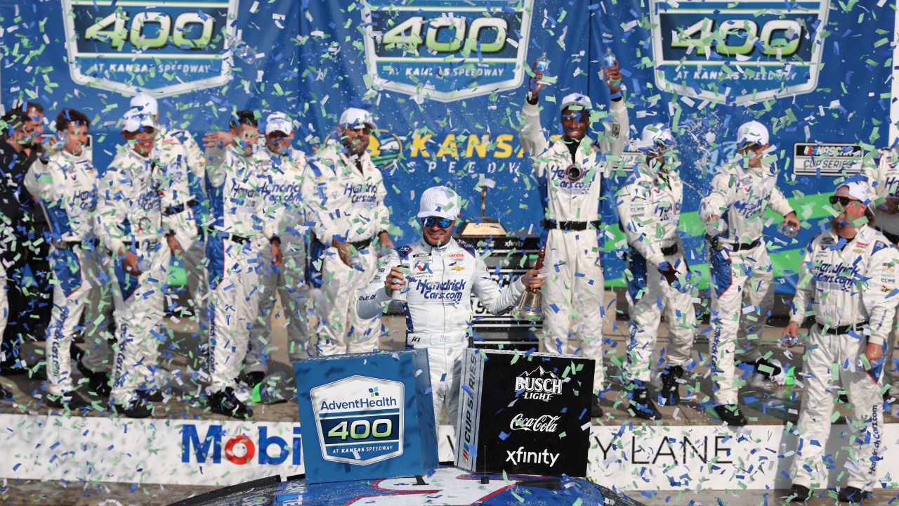 NASCAR Cup Series driver Kyle Larson (5) celebrates a win at the AdventHealth 400 at Kansas Speedway.