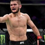 ; Khabib Nurmagomedov (red gloves) reacts after his fight against Conor McGregor (blue gloves) during UFC 229 at T-Mobile Arena.