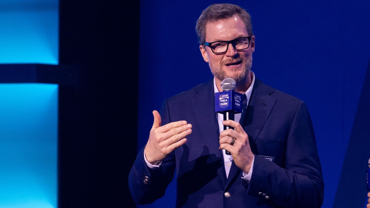Former driver Dale Earnhardt Jr. talks about his future during the 2025 NASCAR Hall Of Fame inductions at Charlotte Convention Center Crown Ballroom.